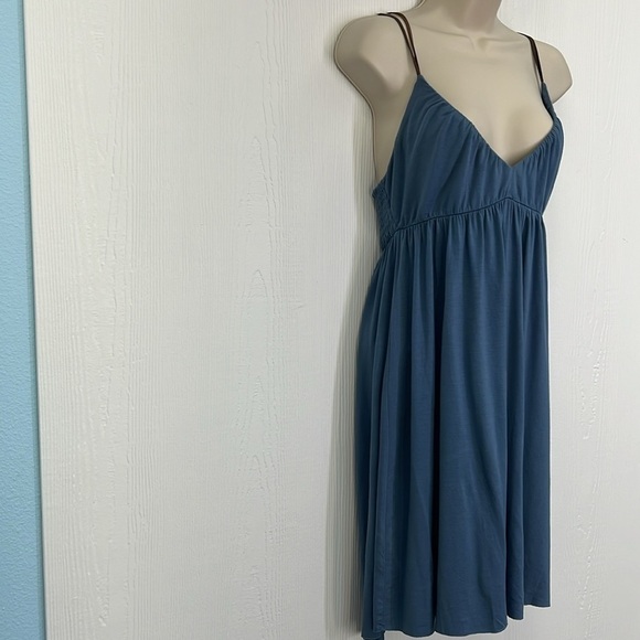 Free People - Blue V Neck With Brown Suede Spaghetti Straps Mini Dress Medium - Picture 4 of 11